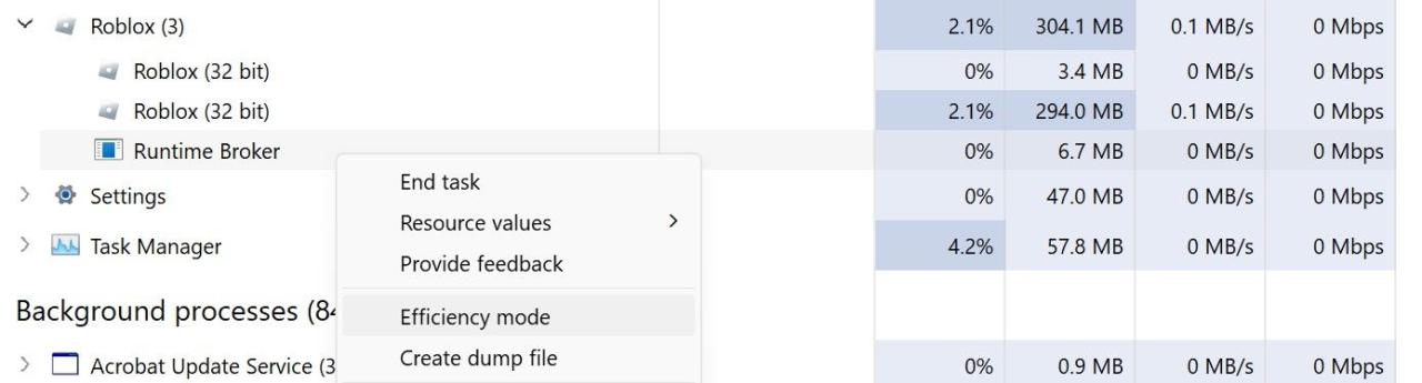 Enabling Efficiency Mode for a Roblox Subprocess