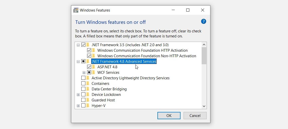 Enabling the Dot Net Framework Options on Windows