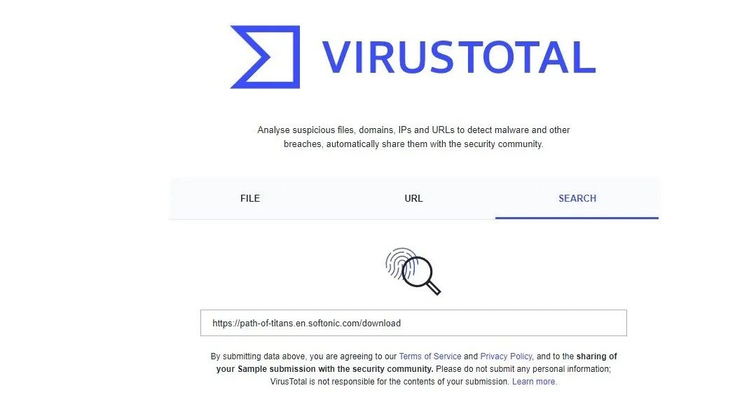 Entering the URL of the file to be downloaded in the URL scanner on the VirusTotal website