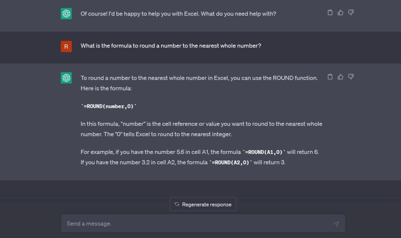 ChatGPT showing the formula to round a number to the nearest whole number on Excel