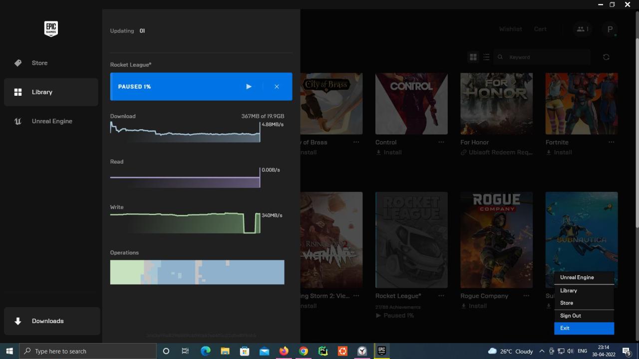 pause download and exit epic games launcher