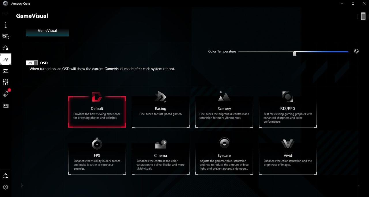  Screenshot Showing Game Visual Settings in Armoury Crate