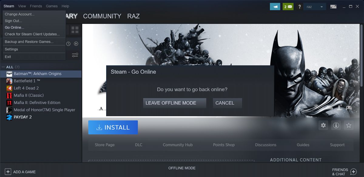 Set Steam to Online mode