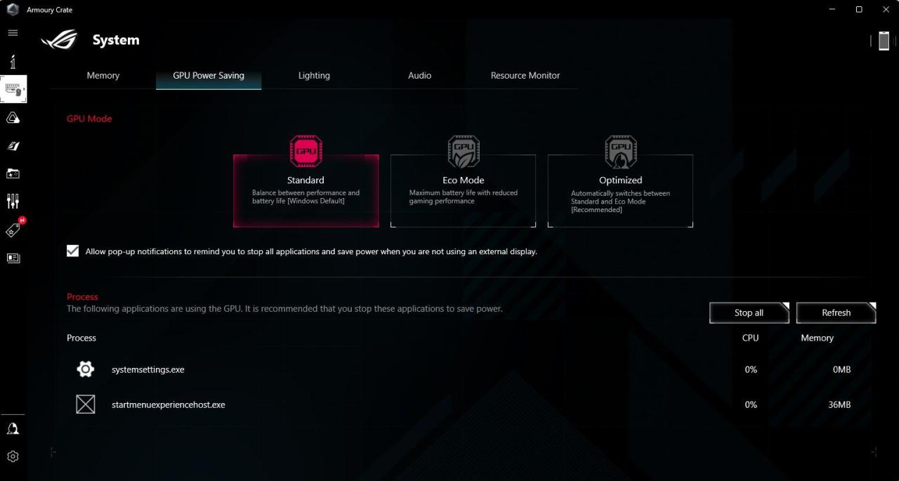  Screenshot Showing the GPU Power Saving Options in Armoury Crate