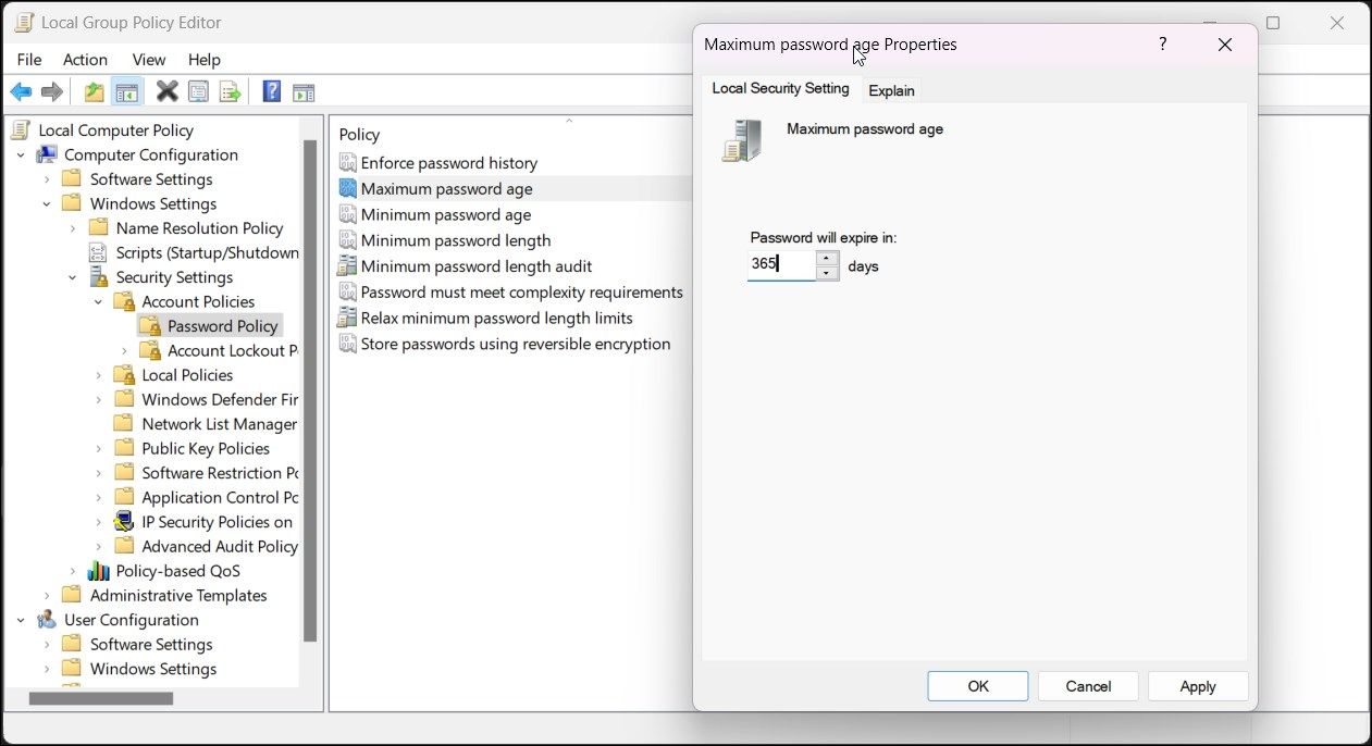 group policy editor password expiration age maximum properties