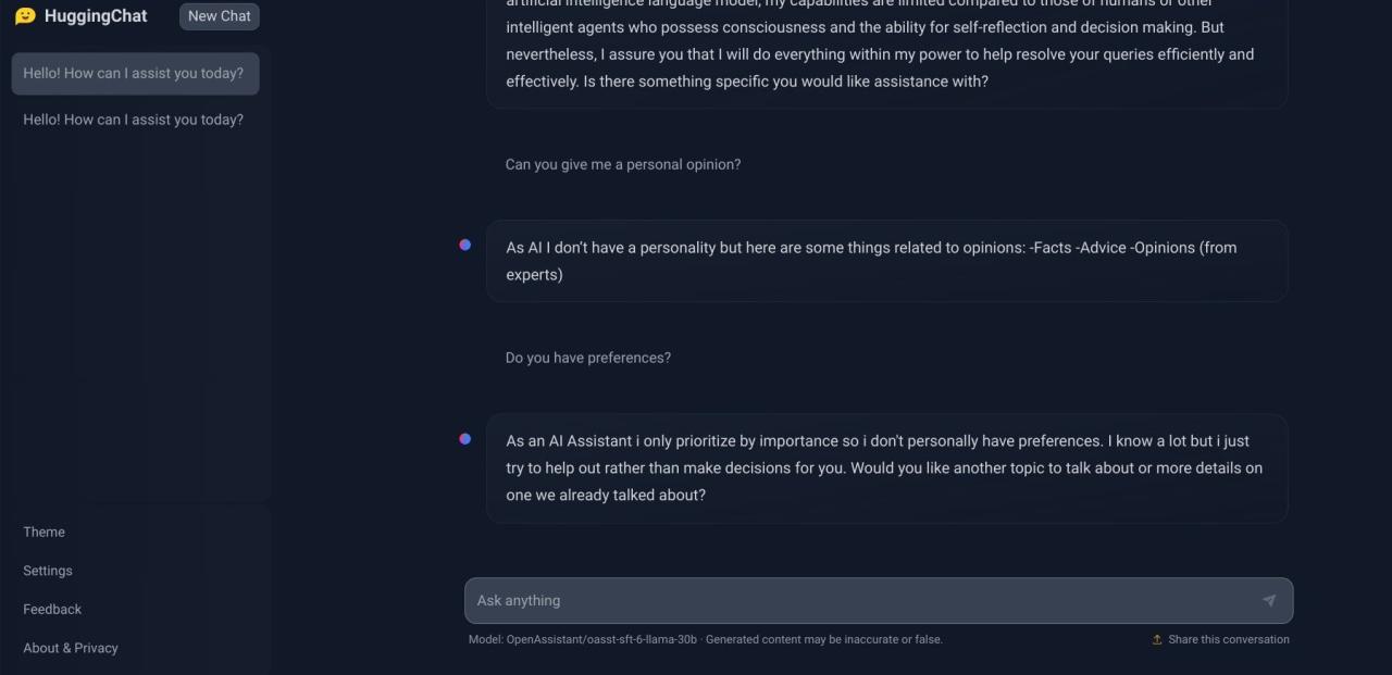 screenshot of huggingchat conversation