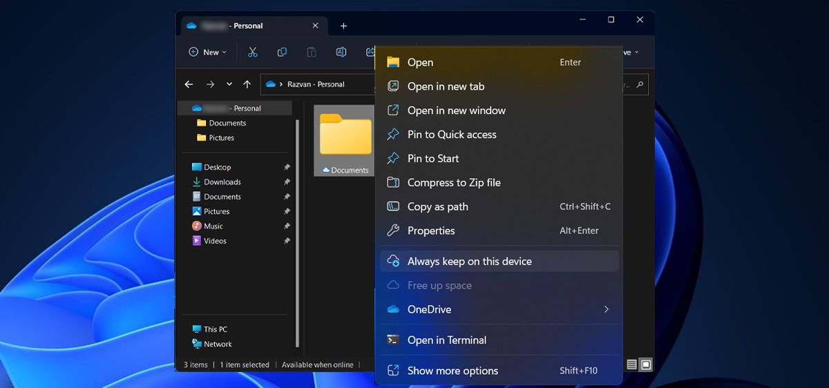 Always keep on this device option in OneDrive