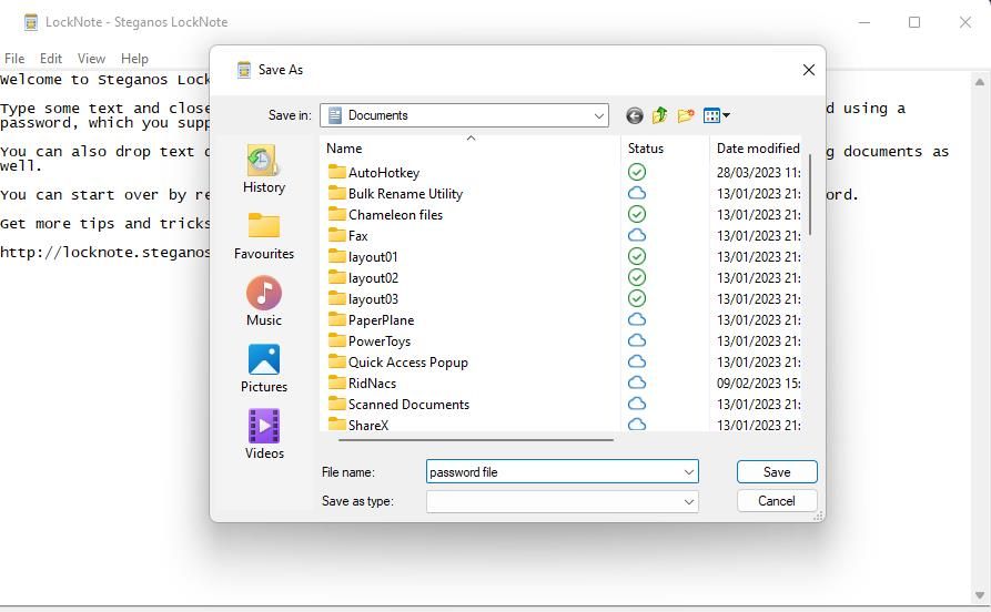 LockNote\'s Save as window 