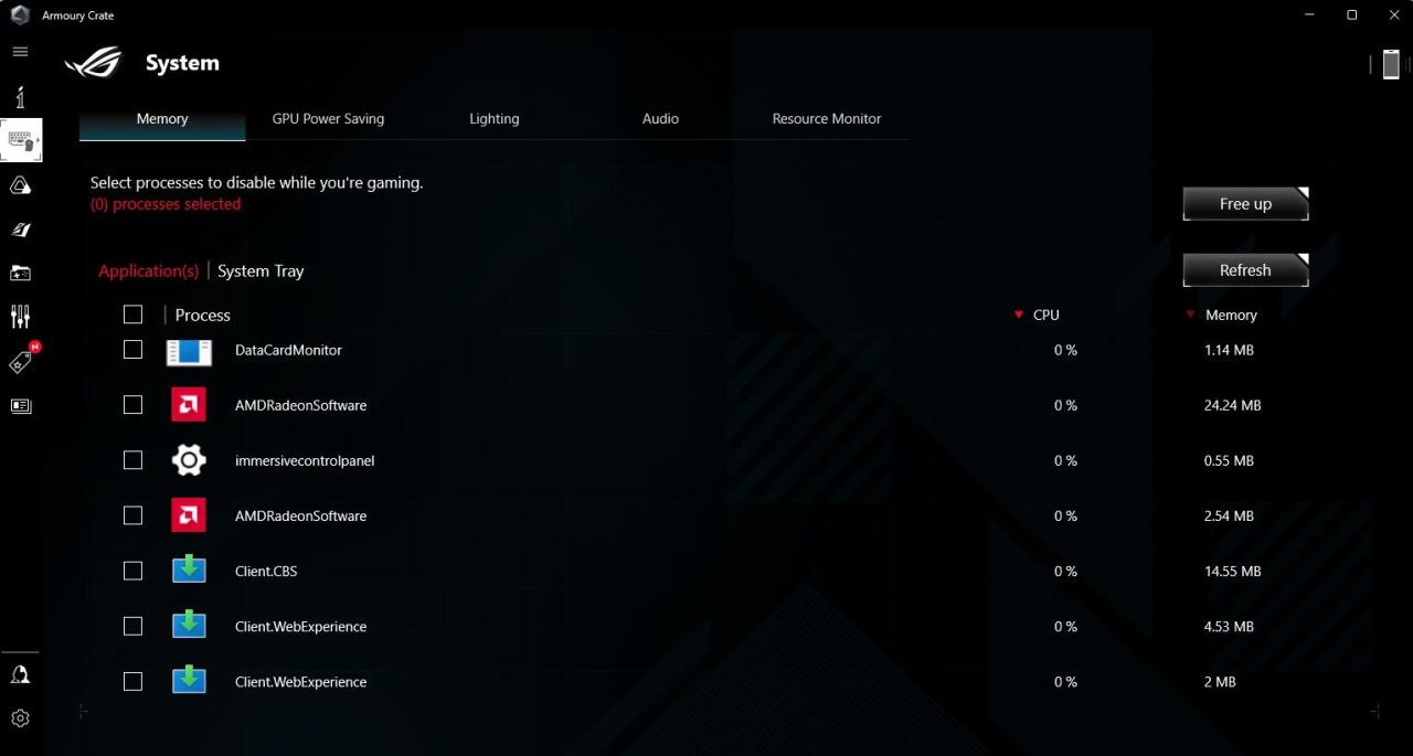 The Memory Management Section of Armoury Crate