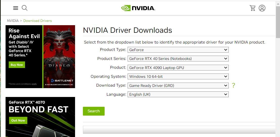 The NVIDIA driver downloads page