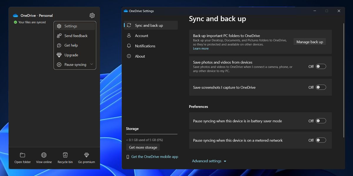 OneDrive sync settings