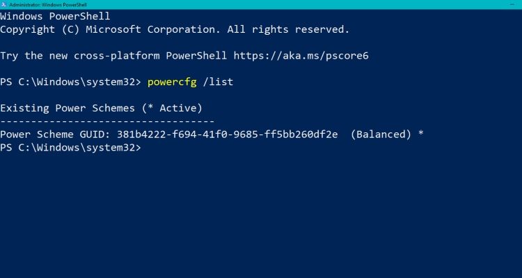 Powercfg list command 
