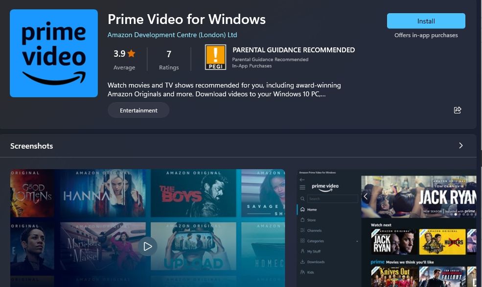 Prime Video for Windows in the Microsoft Store