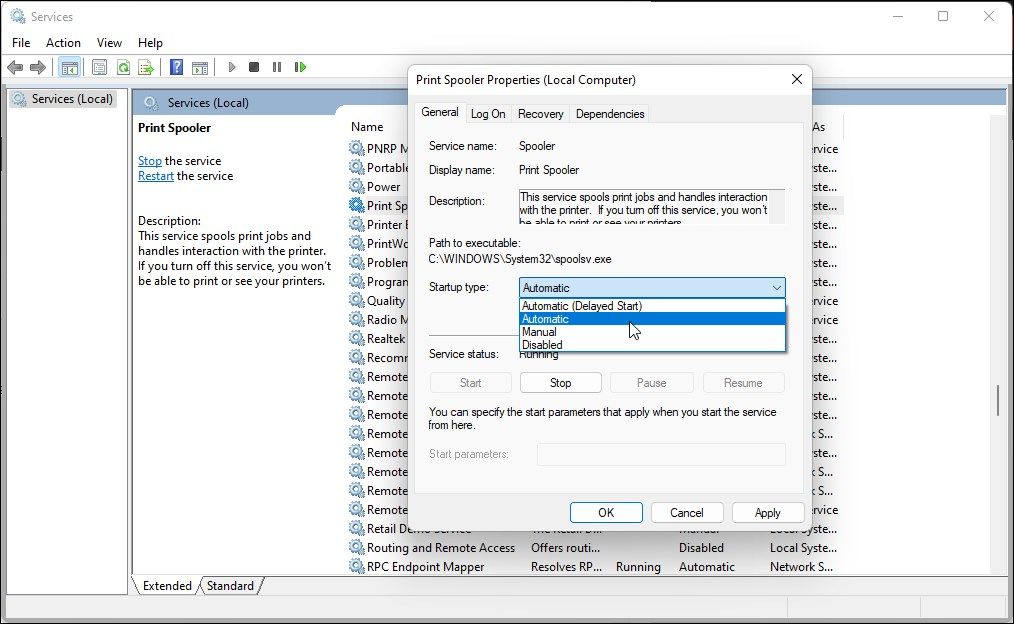 print spooler service properties services startup type automatic