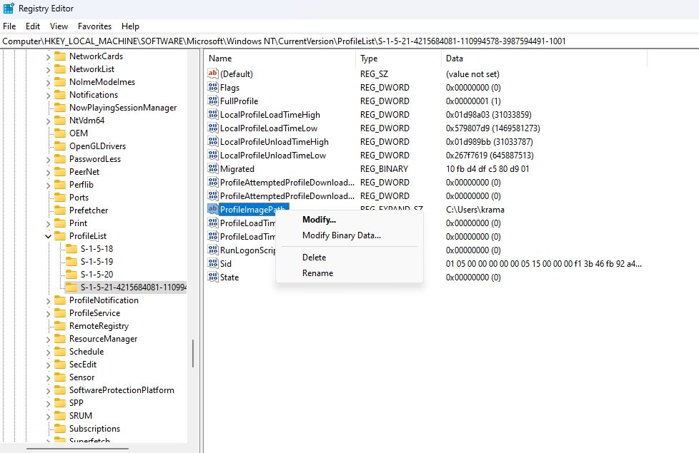 ProfileImagePath key in the Registry Editor