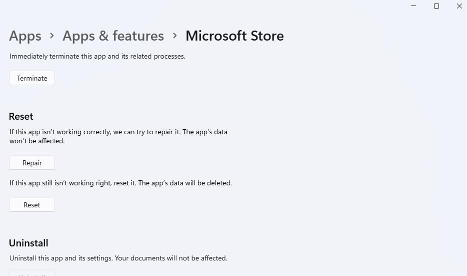 The Reset button for Microsoft Store