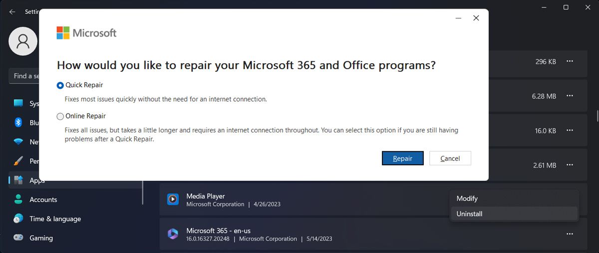 Repair Microsoft 365