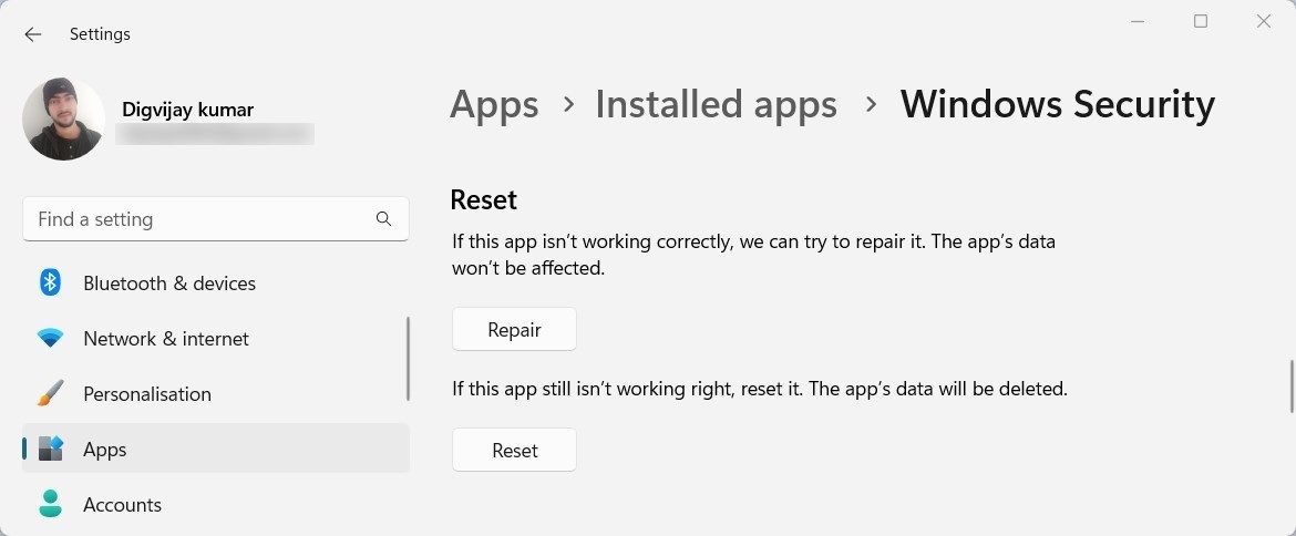 Reset Windows Security