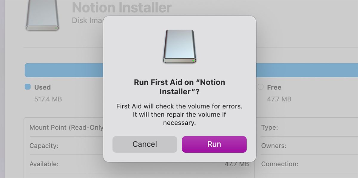 Running First Aid in Disk Utility on Mac