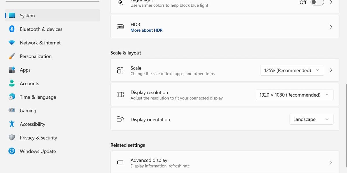 The scale and layout settings in the Windows Display settings.