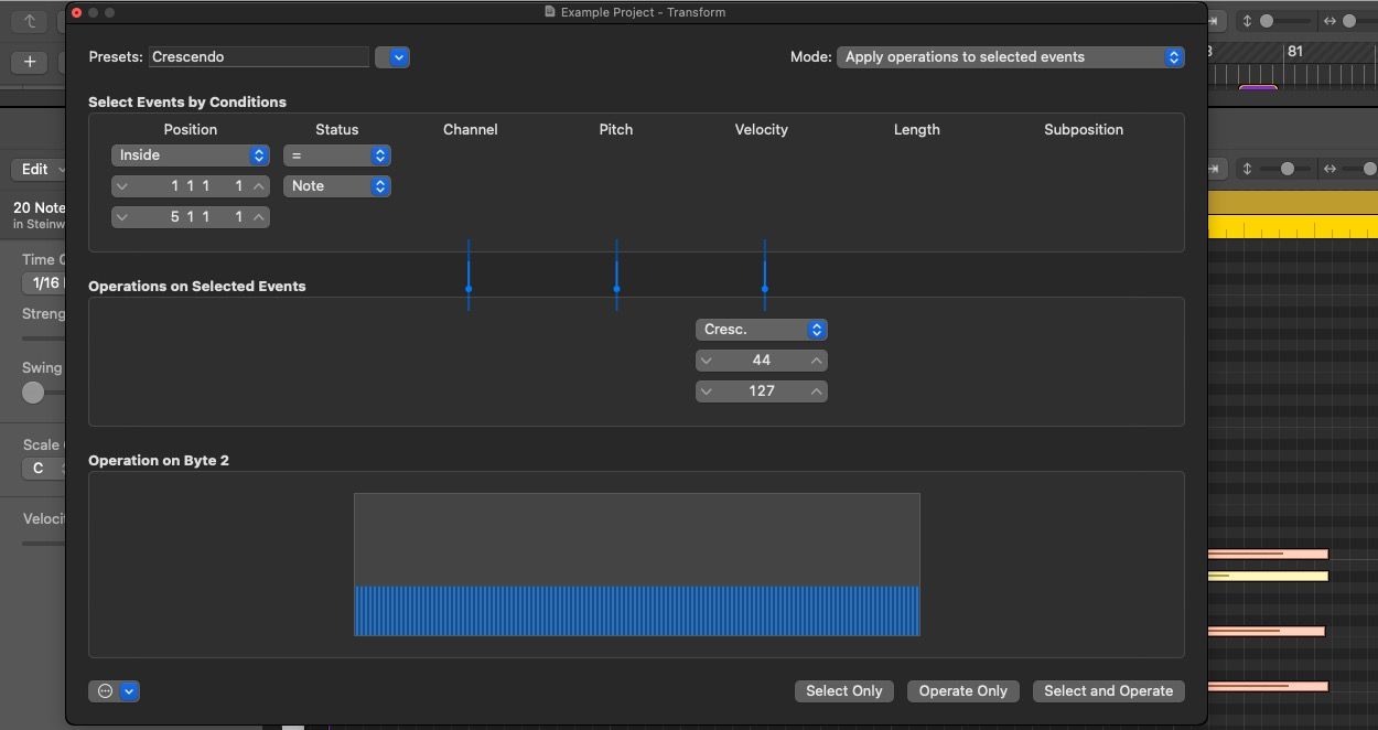 MIDI Transform window in Logic Pro X