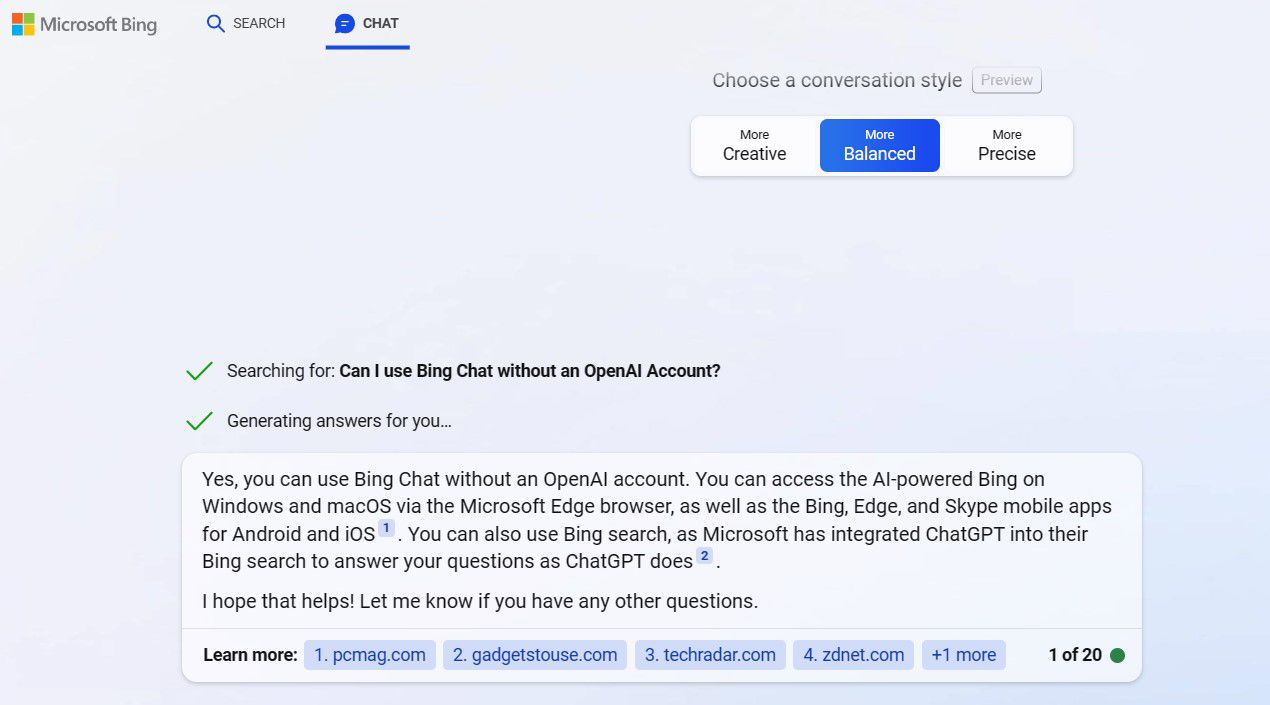 Screenshot Of Bing Chat confirming no OpenAI account is needed