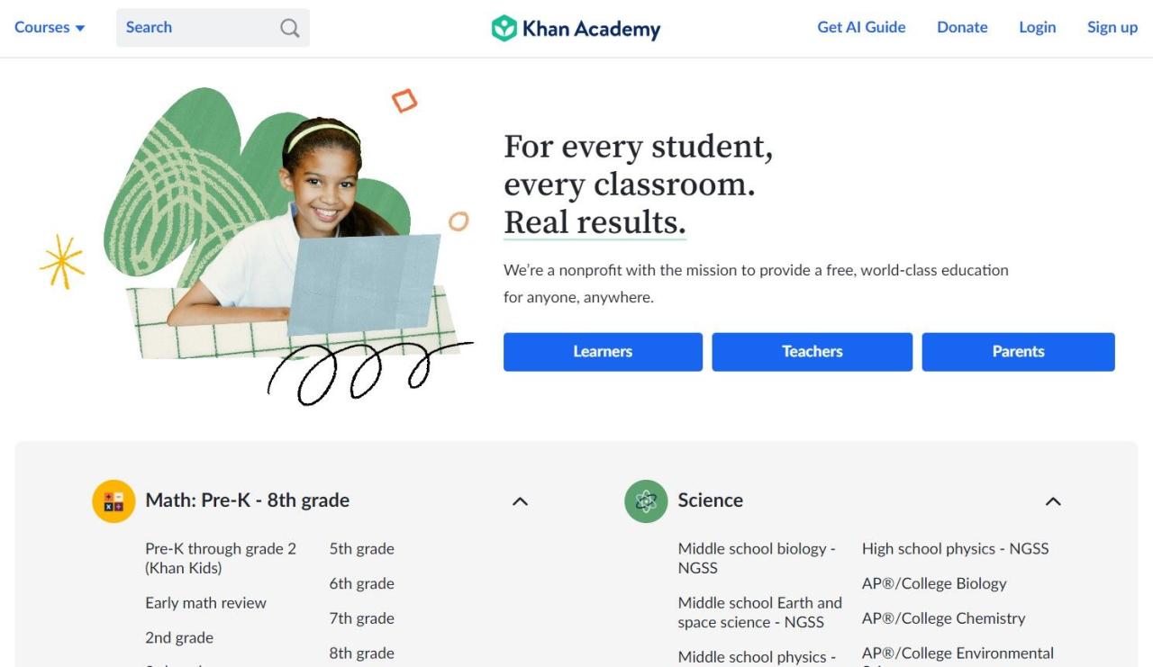 Screenshot of Khan Academy Homepage