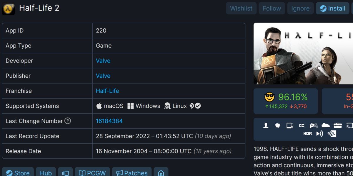 screenshot of half life 2 steamdb page