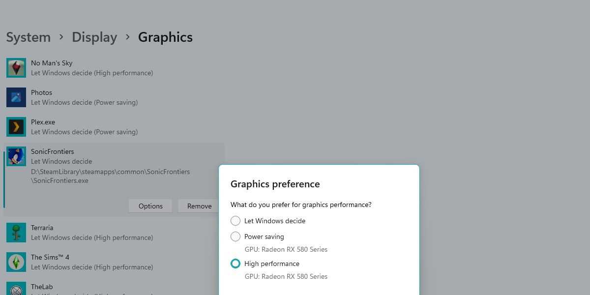 screenshot of sonic frontiers switching to high performance in windows graphics settings