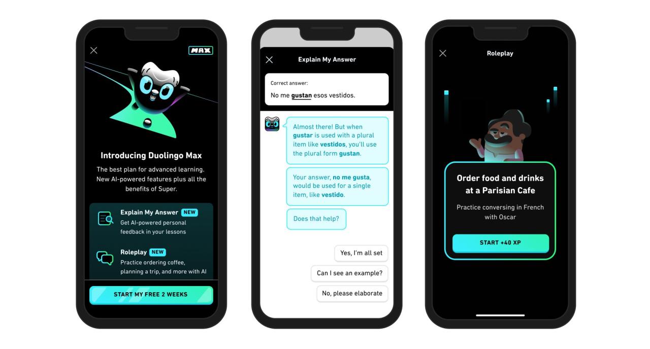 Screenshots from Duolingo Max