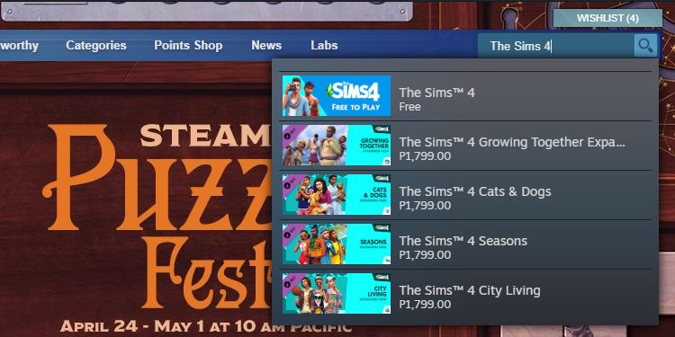 Searching for the Sims 4 on Steam