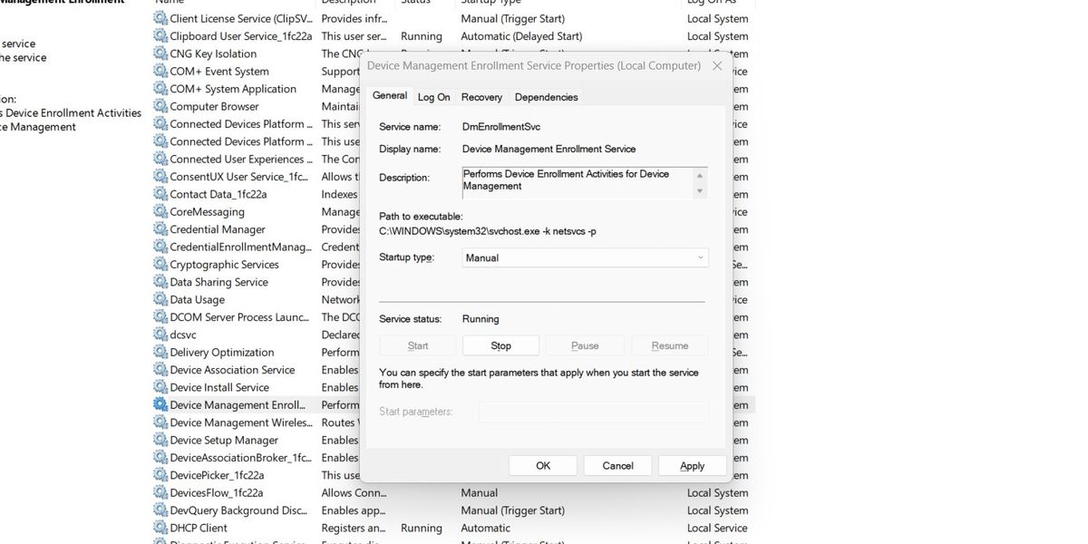 The service status section of the properties window for a service.