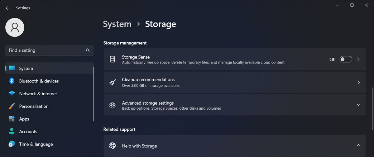 Storage Sense settings in Windows 11