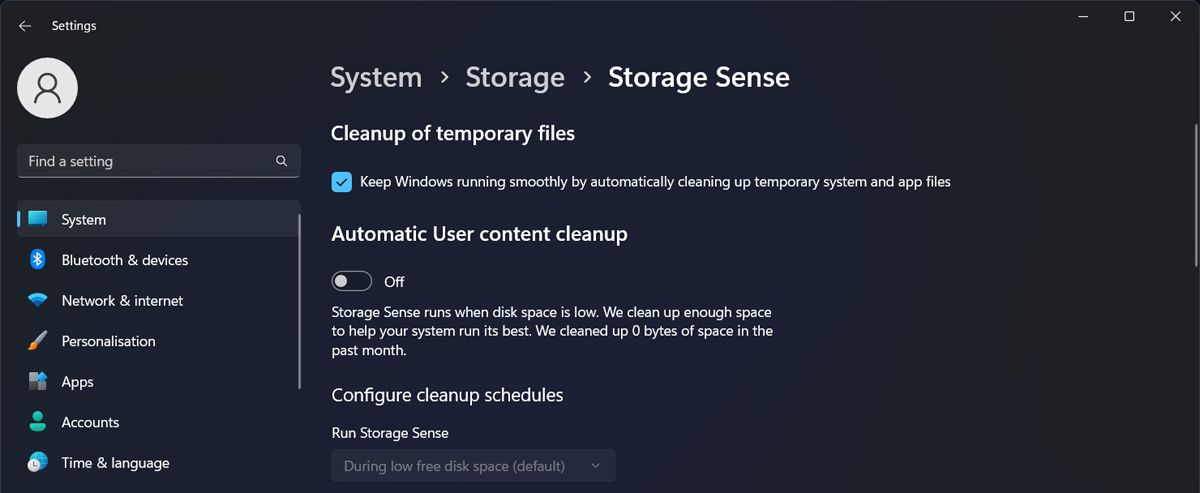 Storage Sense settings in Windows 11