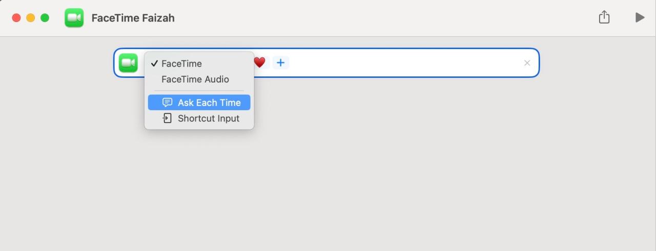 Sub-menu to choose what type of FaceTime call to make in Shortcuts