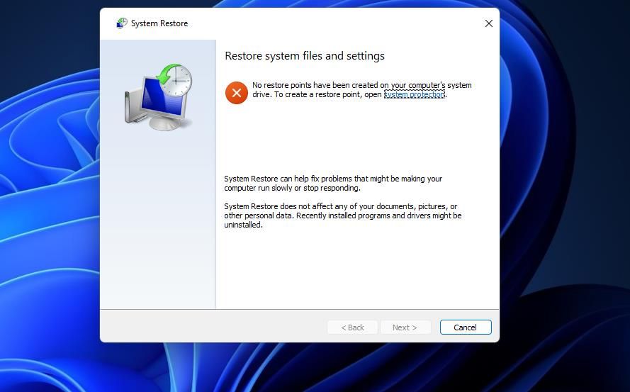 The System Restore window 