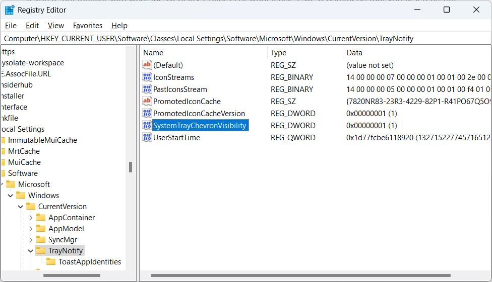 the SystemTrayChevronVisibility value in the Windows Registry Editor