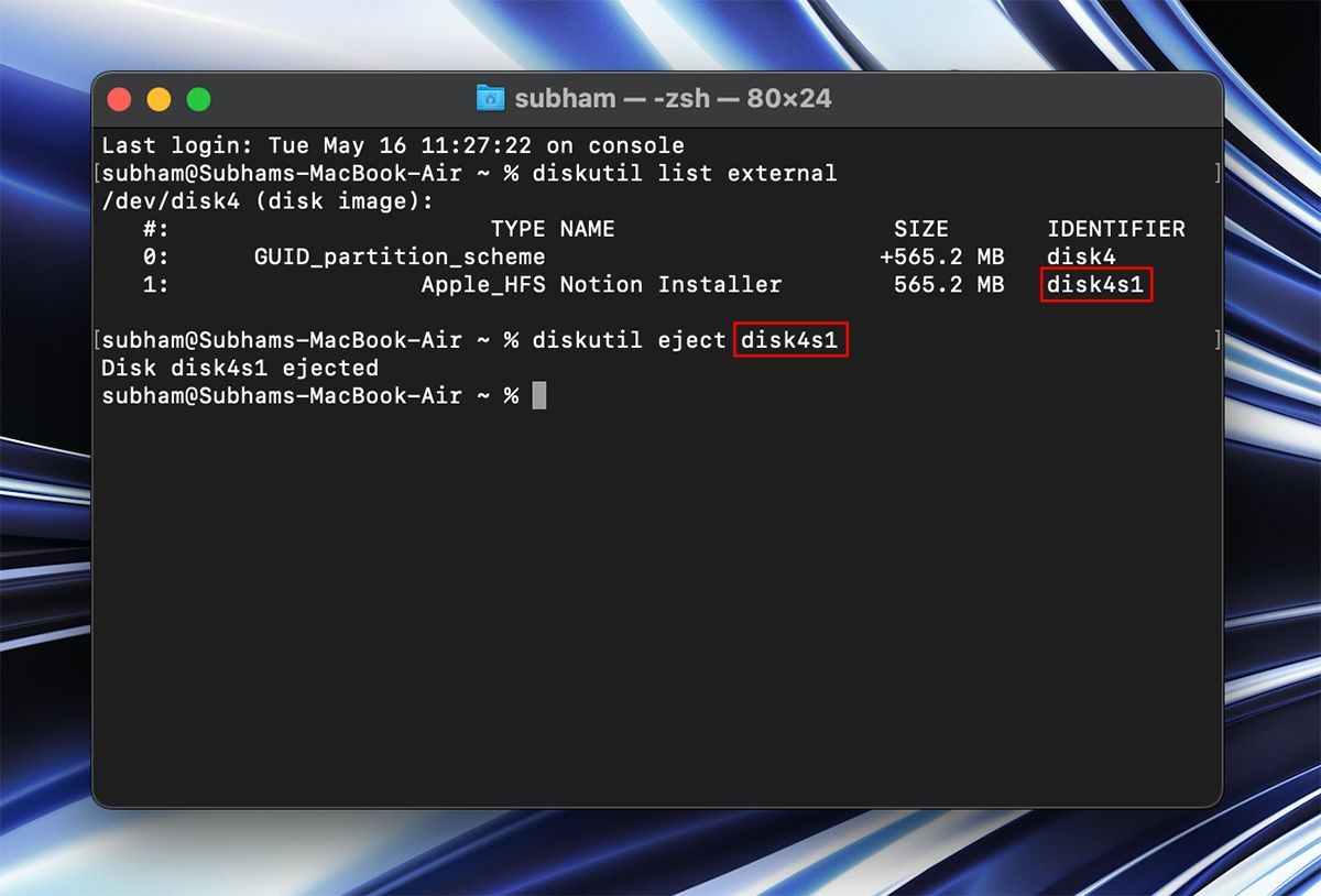 Terminal Window Running with Command to Eject External Drive on Mac