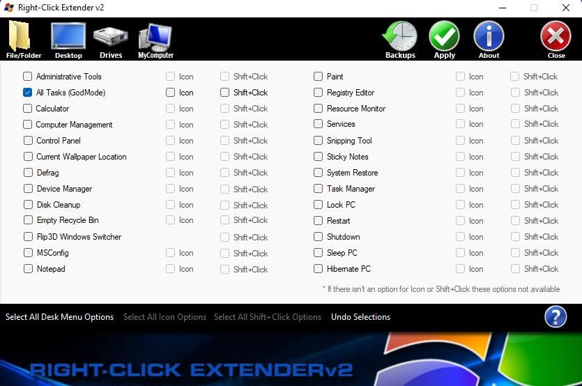 The Right-Click Extender v2 window 