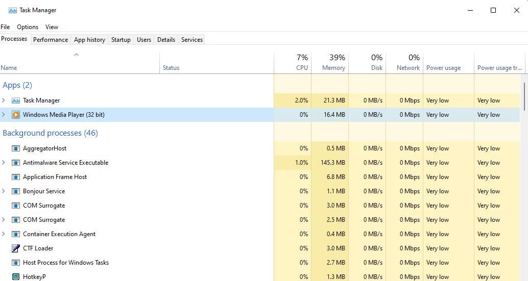 The Processes tab