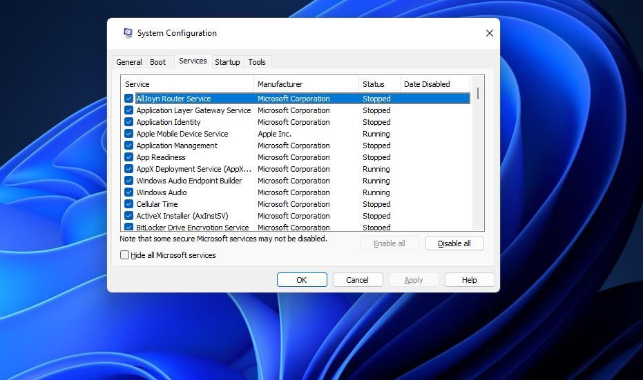 The Services tab in System Configuration 