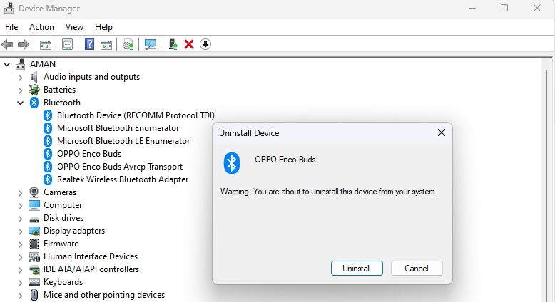 Uninstall option in the Device Manager