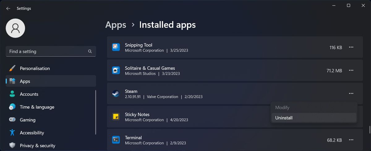 Uninstall Steam on Windows 11