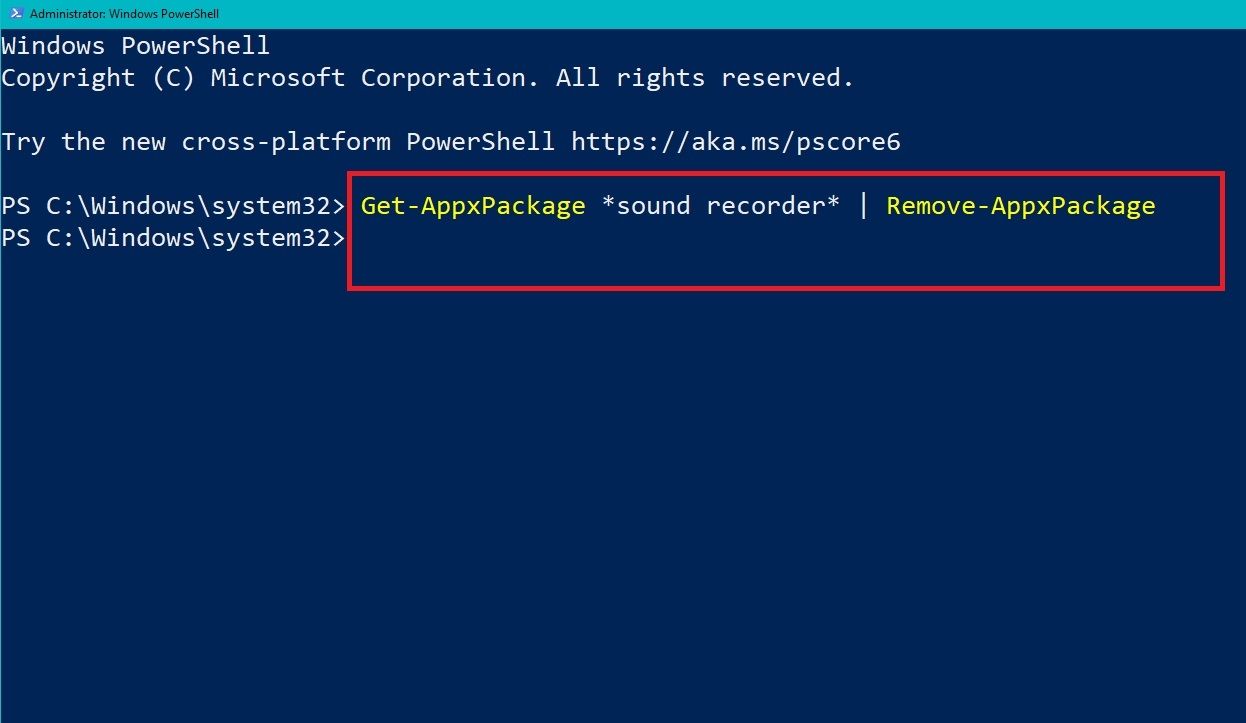 unistalling the sound recorder with windows powershell app