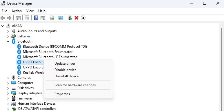 Update driver option in the Device Manager