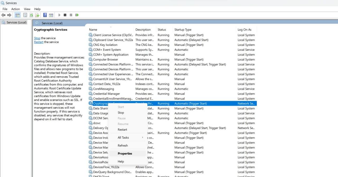 The context menu for a service in Windows Service Manager.