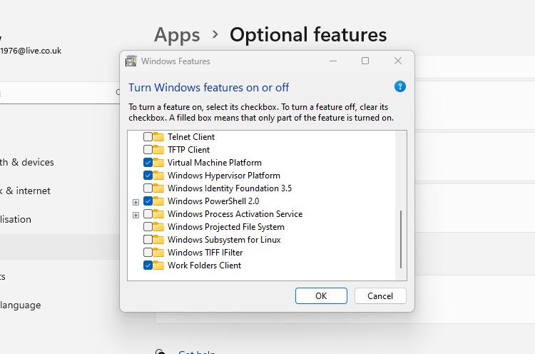 Removing WSL in the Windows Features panel