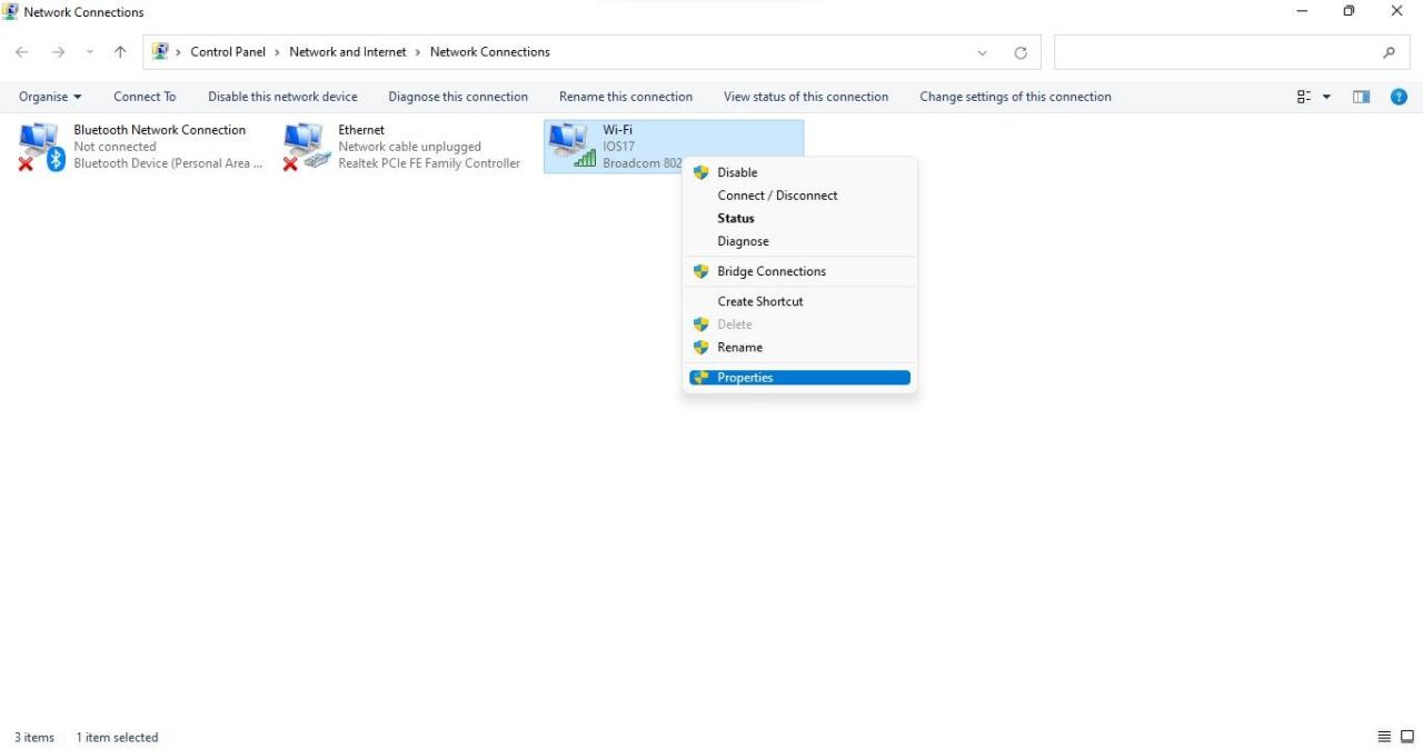 Opening Properties Option of the Network under Network Connections Option in Control Panel