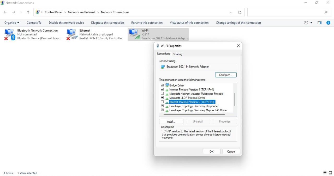 Unchecking the Box for Internet Protocol Version 6 (TCP/IPv6) in the Properties Tab of the Network Connection