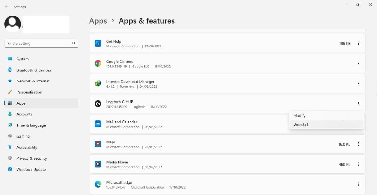 Clicking on the Uninstall Button by Clicking on the Three Vertical Dots After Locating Logitech G Hub in Apps and Features Settings in Windows Settings App
